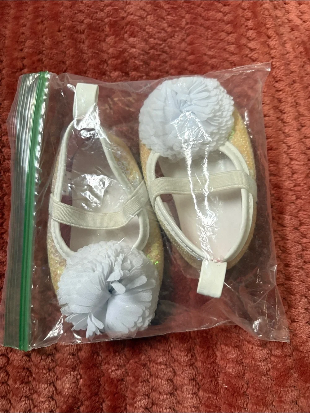 Baby Sparkle Gold Ballet Flats with White Flower Accent